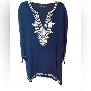 Liza Byrd Sz M Navy Blue White Outline Ribbon Trim Cotton Shift Dress